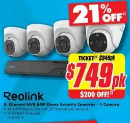 The Good Guys Reolink 8-Channel NVR 8MP Dome Security Cameras - 4 Camera offer
