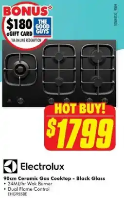 The Good Guys Electrolux 90cm Ceramic Gas Cooktop - Black Glass offer