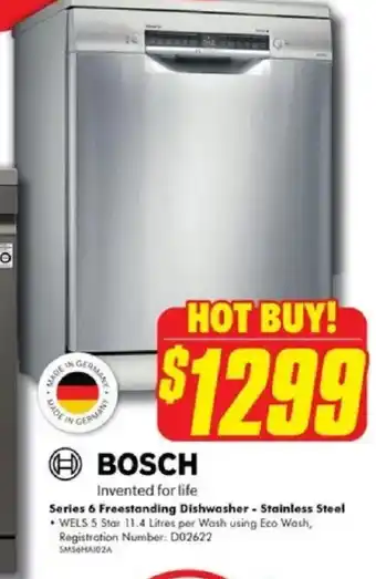 The Good Guys BOSCH Series 6 Freestanding Dishwasher - Stainless Steel offer