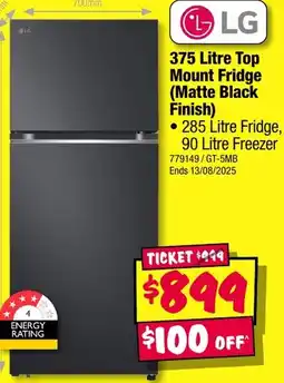 JB Hi-Fi LG 375 Litre Top Mount Fridge (Matte Black Finish) offer