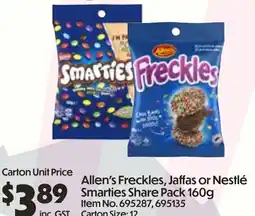 Campbells Wholesale Allen's freckles, jaffas or nestlé smarties share pack offer
