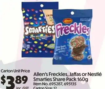 Campbells Wholesale Allen's freckles, jaffas or nestlé smarties share pack offer