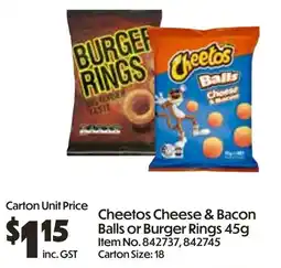 Campbells Wholesale Cheetos Cheese & Bacon Balls or Burger Rings offer
