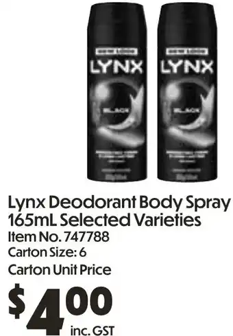 Campbells Wholesale Lynx Deodorant Body Spray offer