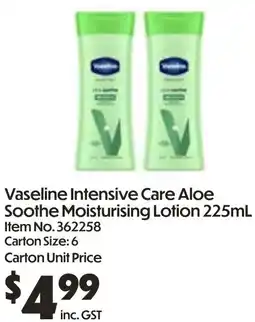 Campbells Wholesale Vaseline Intensive Care Aloe Soothe Moisturising Lotion offer
