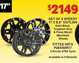 Jax Tyres SET OF 4 SPEEDY OUTLAW Satin Black Tungsten Grey & Piano Black offer