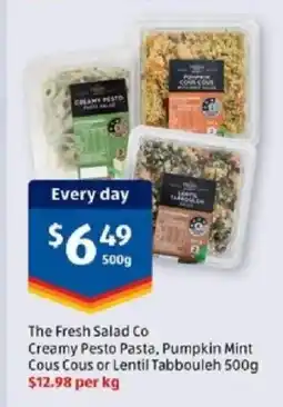 ALDI The Fresh Salad Co Creamy Pesto Pasta, Pumpkin Mint Cous Cous or Lentil Tabbouleh offer