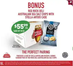 Liquor Legends RED ROCK DELI AUSTRALIAN SEA SALT CHIPS WITH STELLA ARTOIS CASE offer