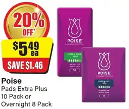 Chemist Discount Centre Poise Pads Extra Plus 10 Pack or Overnight 8 Pack offer