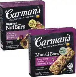 Coles Carman's Nut or Muesli Bars 140g-270g offer