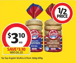 Coles Tip Top English Muffins 6 Pack offer