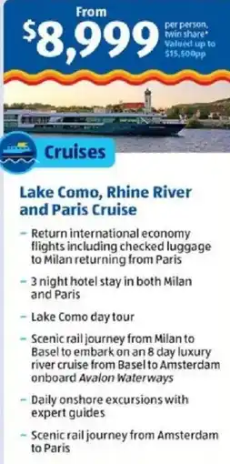 ALDI Lake como, rhine river and paris cruise offer