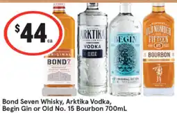 IGA Bond Seven Whisky, Arktika Vodka, Begin Gin or Old No. 15 Bourbon offer