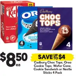 Drakes Cadbury Choc Tops, Oreo Cookie Tops, Wafer Cone, Cookie Sandwich or Nestle Sticks 4 Pack offer