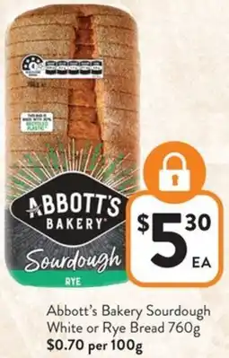 Foodworks Abbott's Bakery Sourdough White or Rye Bread offer
