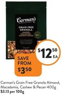 Foodworks Carman's Grain Free Granola Almond, Macadamia, Cashew & Pecan offer