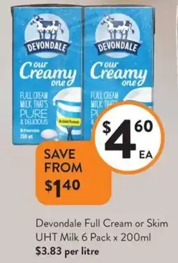 Foodworks Devondale Full Cream or Skim UHT Milk offer