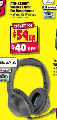JB Hi-Fi ATH-S220BT Wireless Over Ear Headphones offer