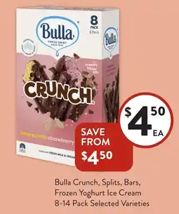 Foodworks Bulla Crunch, Splits, Bars, Frozen Yoghurt Ice Cream offer