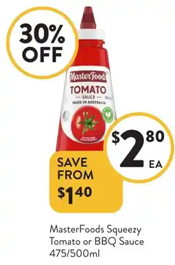 Foodworks MasterFoods Squeezy Tomato or BBQ Sauce offer