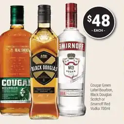 Super Cellars Cougar Green Label Bourbon, Black Douglas Scotch or Smirnoff Red Vodka offer