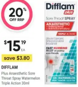 Healthy Life Difflam Plus Anaesthetic Sore Throat Spray Watermelon Triple Action offer
