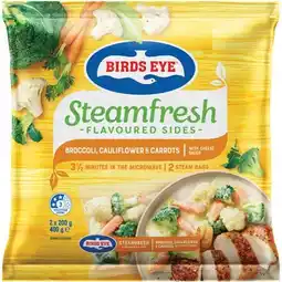 IGA Birds Eye Steamfresh Broccoli, Cauliflower & Carrots With Cheese Sauce Flavoured Sides 400g offer