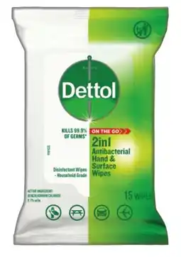 IGA Dettol 2in1 Antibacterial Hands & Surface Wipes 15 Pack offer