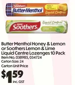 C-Store Distribution Butter Menthol Honey & Lemon or Soothers Lemon & Lime Liquid Centre Lozenges offer