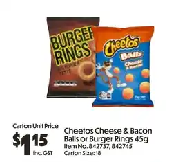 C-Store Distribution Cheetos Cheese & Bacon Balls or Burger Rings offer