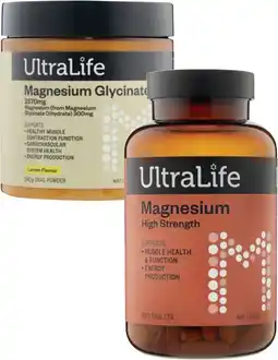 Coles UltraLife High Strength Magnesium Tablets 200 Pack or Magnesium Glycinate Powder 240g offer
