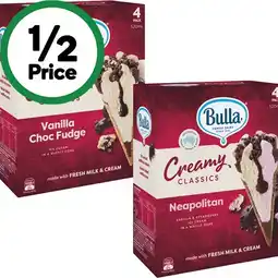 Woolworths Bulla Cones or Sandwiches 520-560ml Pk 4 – From the Freezer offer