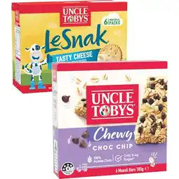 Woolworths Uncle Tobys Muesli Bars 145-185g Pk 5-6, Le Snak 132g Pk 6 or Roll-Ups 94g Pk 6 offer