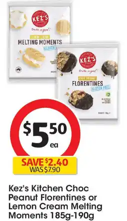 Coles Kez's Kitchen Choc Peanut Florentines or Lemon Cream Melting Moments offer