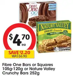 Coles Fibre One Bars or Squares r Nature Valley Crunchy Bars offer