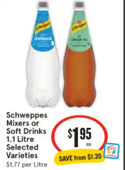IGA Schweppes Mixers or Soft Drinks offer