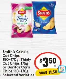 IGA Smith's Crinkle Cut Chips, Thinly Cut Chips or Doritos Corn Chips offer