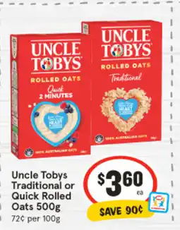 IGA Uncle Tobys Traditional or Quick Rolled Oats offer