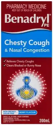Discount Drug Stores Benadryl PE Chesty Cough & Nasal Congestion Oral Liquid 200mL offer