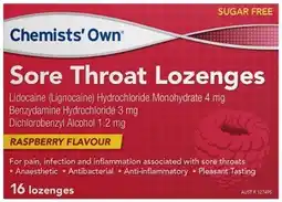 Discount Drug Stores Chemists’ Own Sore Throat Lozenges Raspberry Flavour 16 Pack offer