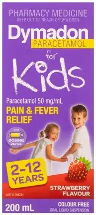 Discount Drug Stores Dymadon Paracetamol For Kids 2-12 Years Colour Free Strawberry Flavour 200mL offer