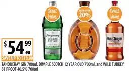 Supabarn Tanqueray gin, dimple scotch 12 year old, and wild turkey 81 proof 40.5% offer