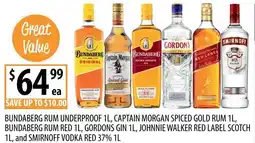 Supabarn Bundaberg rum underproof, captain morgan spiced gold rum, bundaberg rum red, gordons gin, johnnie walker red label scotch, an offer
