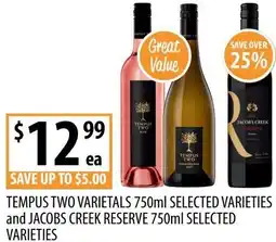 Supabarn Tempus two varietals and jacobs creek reserve offer