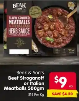 Spar Beak & Son's Beef Stroganoff or Italian Meatballs offer