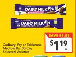 Supa Valu Cadbury, Fry or Toblerone Medium Bar offer