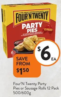 Foodworks Four 'N Twenty Party Pies or Sausage Rolls offer