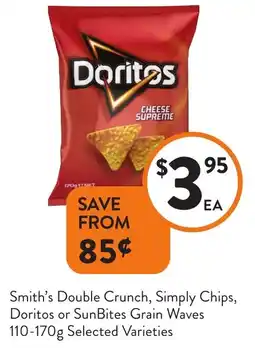 Foodworks Smith's Double Crunch, Simply Chips, Doritos or SunBites Grain Waves offer