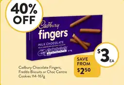 Foodworks Cadbury Chocolate Fingers, Freddo Biscuits or Choc Centre Cookies offer