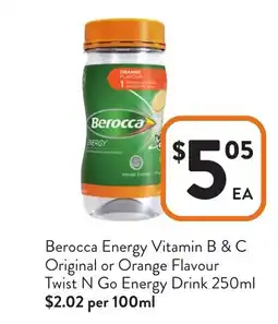 Foodworks Berocca Energy Vitamin B & C Original or Orange Flavour Twist N Go Energy Drink offer